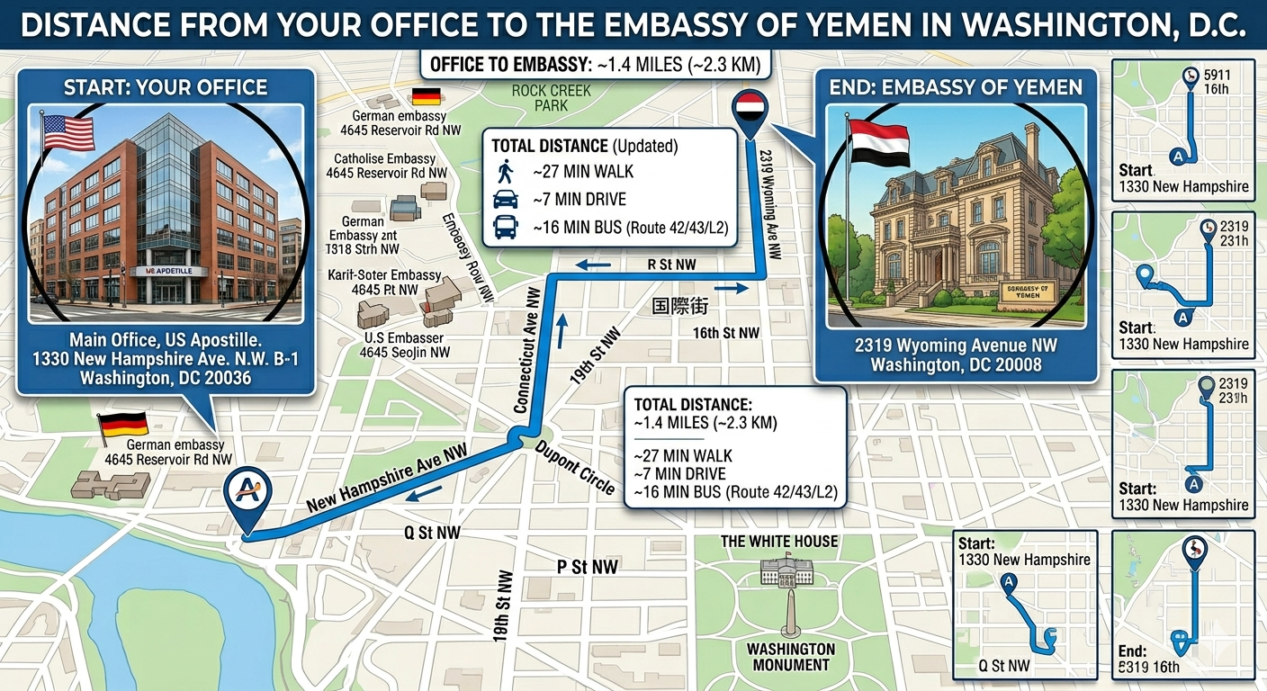 Map of Yemen Embassy Legalization Services in Washington D.C.